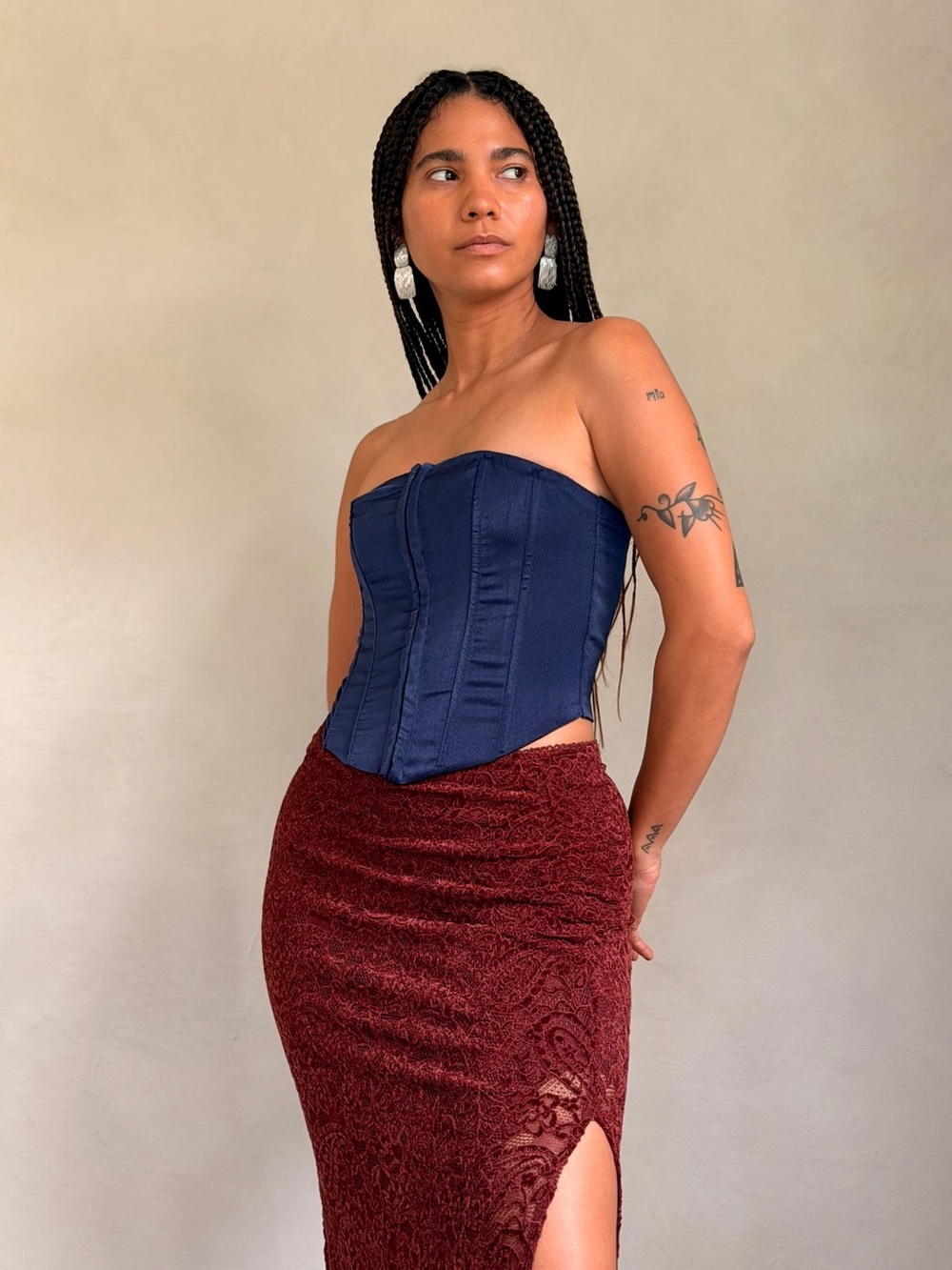 NIA the Brand Navy Satin Strapless Corset Top Size M